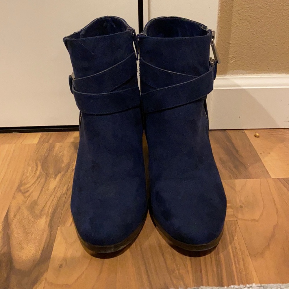 navy boots with a medium heel